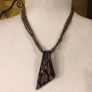 Art Glass Gold Beaded 16” Necklace W 3” Pendant